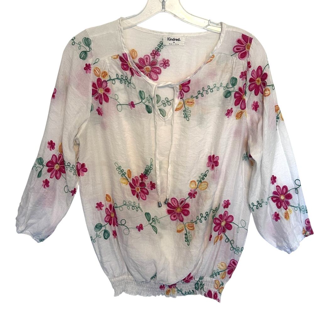 Kindred Floral Embroidered Blouson Top Womens Medium White Sheer Boho Blouse